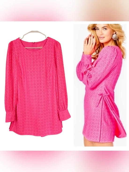 Lilly Pulitzer Aisha Romper Eyelet Hot Pink BarbieCore Bow Side Hidden Shorts - Picture 1 of 11